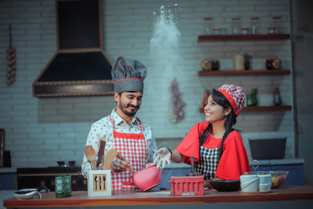 couple Cooking pre wedding shoot in kitchen